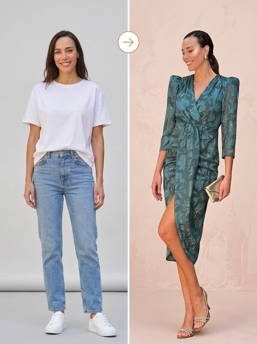Clienta de Coquette Bon Chic viéndose con un vestido en el probador virtual